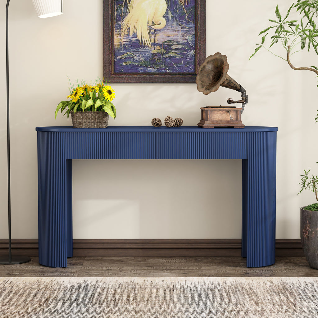 TREXM Entryway Table with Fluted Design, Modern Console Table with Storage, Oval Top and 2 Drawers for Entryway and Living Room (Navy)