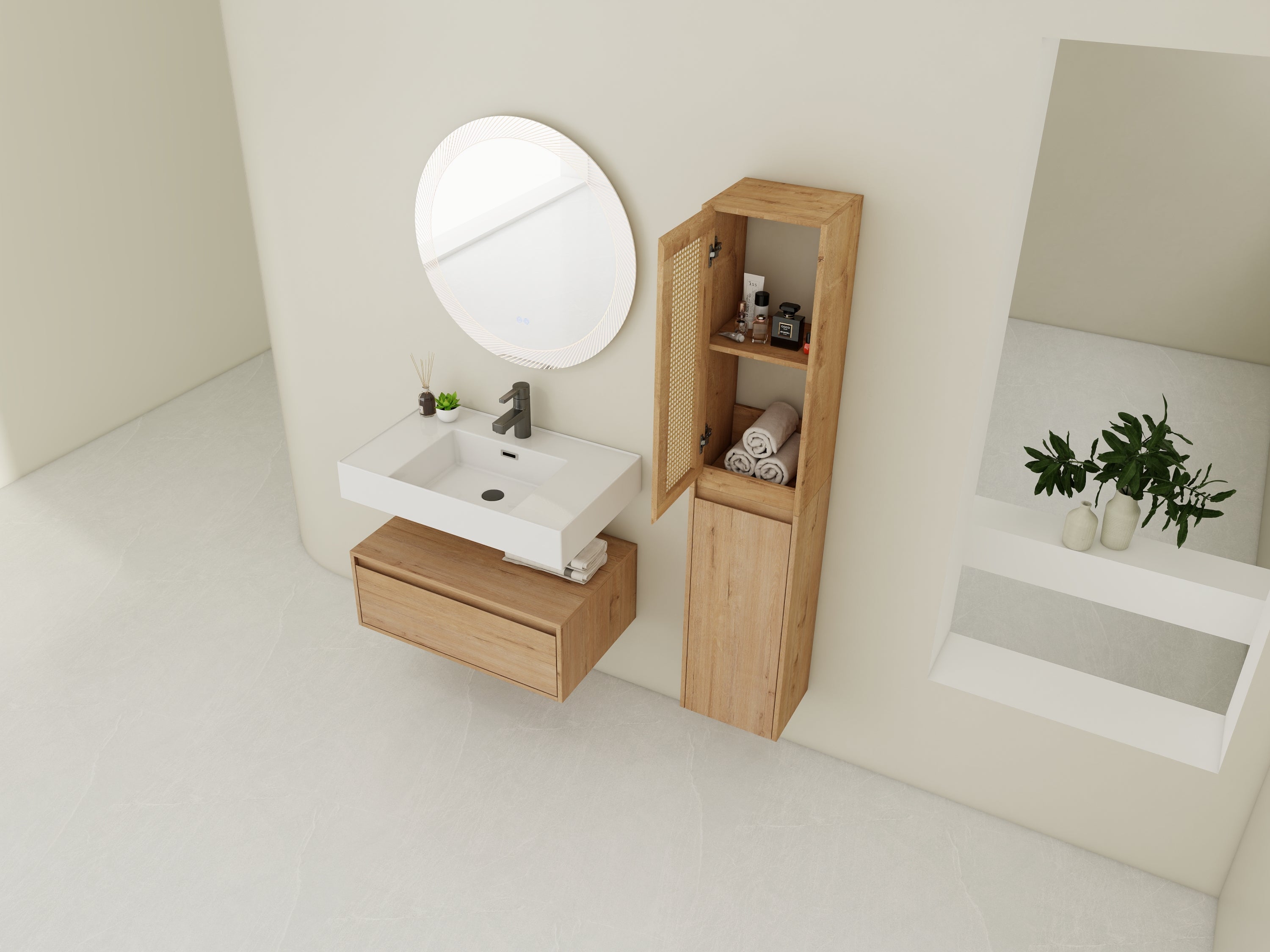 30 inch Wall-Mounted Bathroom Vanity with Resin Sink and Side Cabinet,Soft Close Drawer (KD-Packing), 09430IMO-30M-SC00112-SC00512 Combination Cabinet