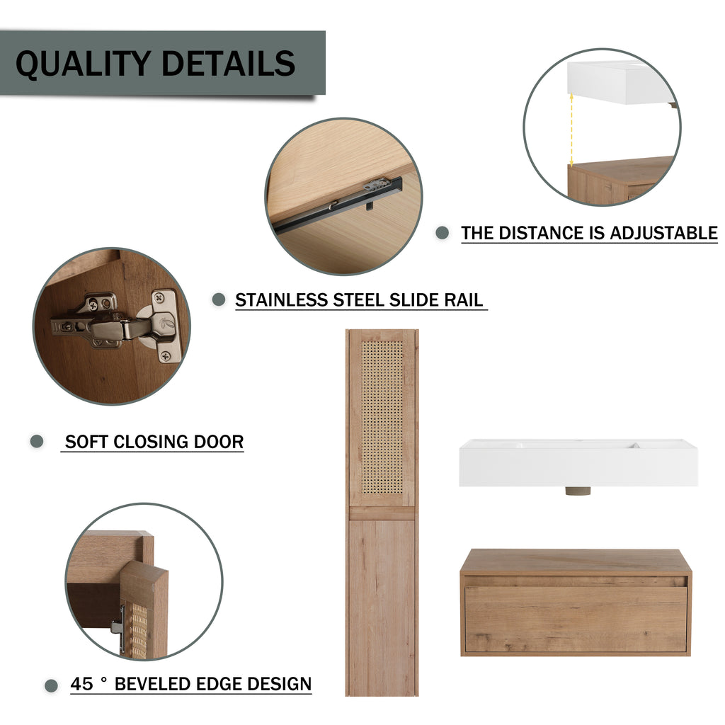 30 inch Wall-Mounted Bathroom Vanity with Resin Sink and Side Cabinet,Soft Close Drawer (KD-Packing), 09430IMO-30M-SC00112-SC00512 Combination Cabinet