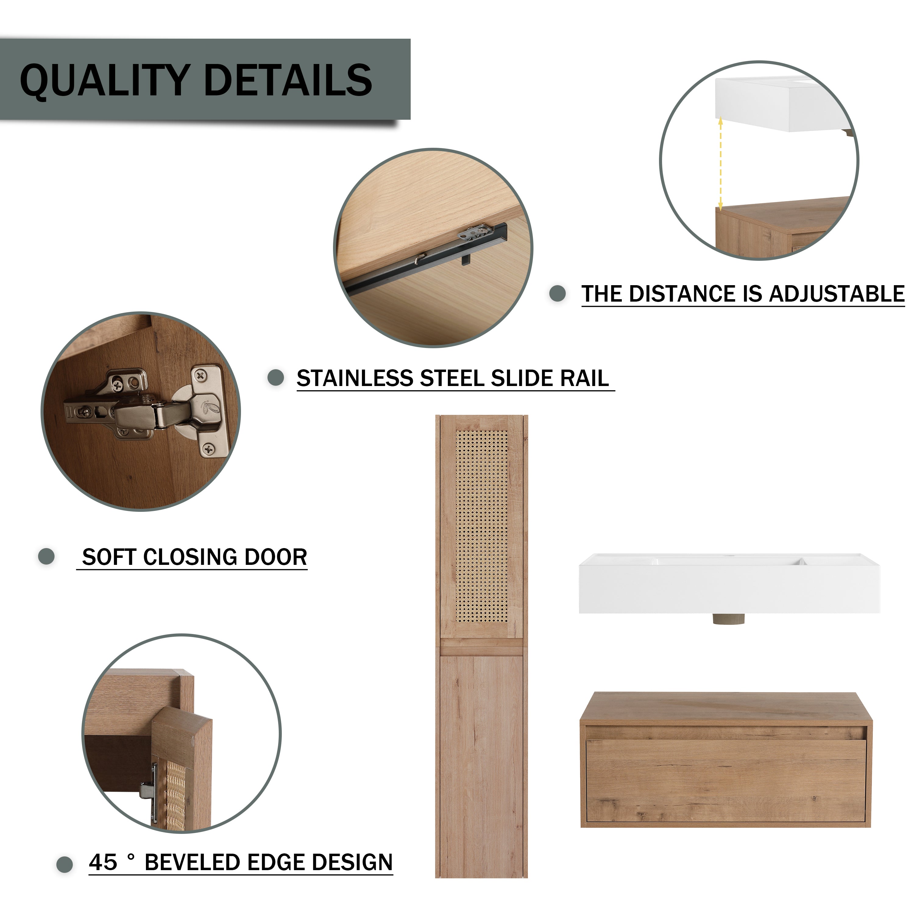 30 inch Wall-Mounted Bathroom Vanity with Resin Sink and Side Cabinet,Soft Close Drawer (KD-Packing), 09430IMO-30M-SC00112-SC00512 Combination Cabinet