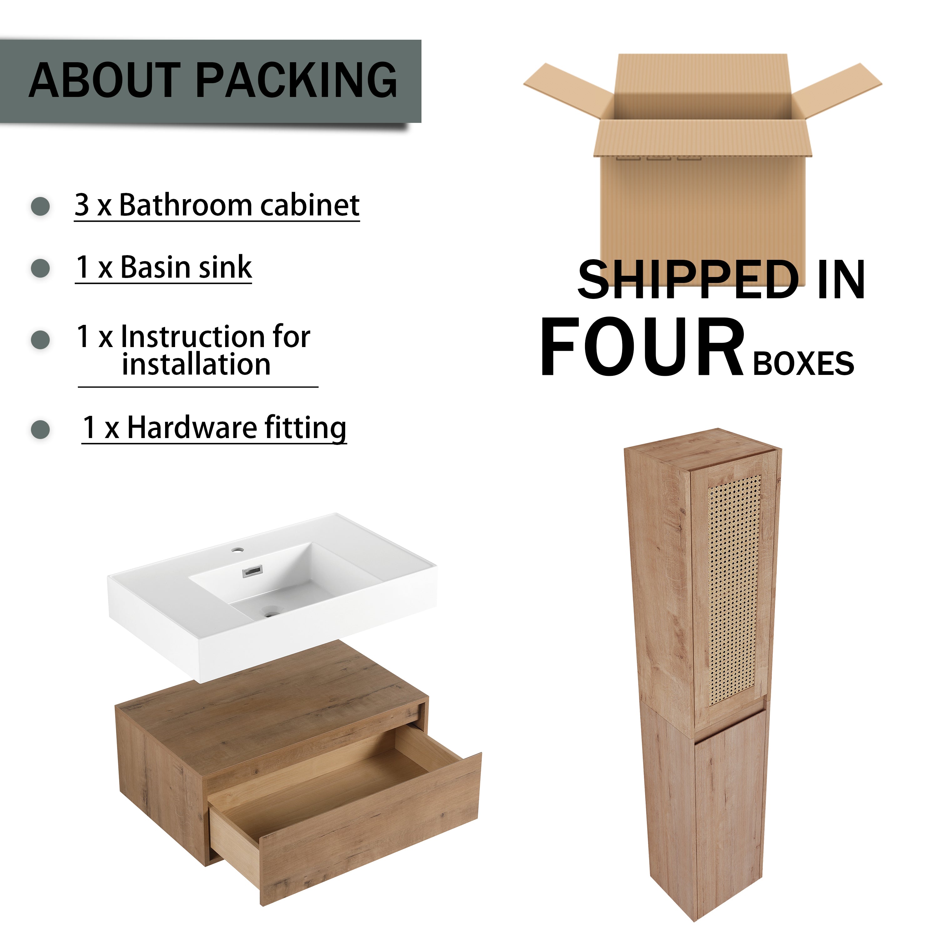 30 inch Wall-Mounted Bathroom Vanity with Resin Sink and Side Cabinet,Soft Close Drawer (KD-Packing), 09430IMO-30M-SC00112-SC00512 Combination Cabinet