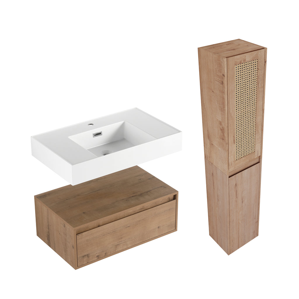 30 inch Wall-Mounted Bathroom Vanity with Resin Sink and Side Cabinet,Soft Close Drawer (KD-Packing), 09430IMO-30M-SC00112-SC00512 Combination Cabinet