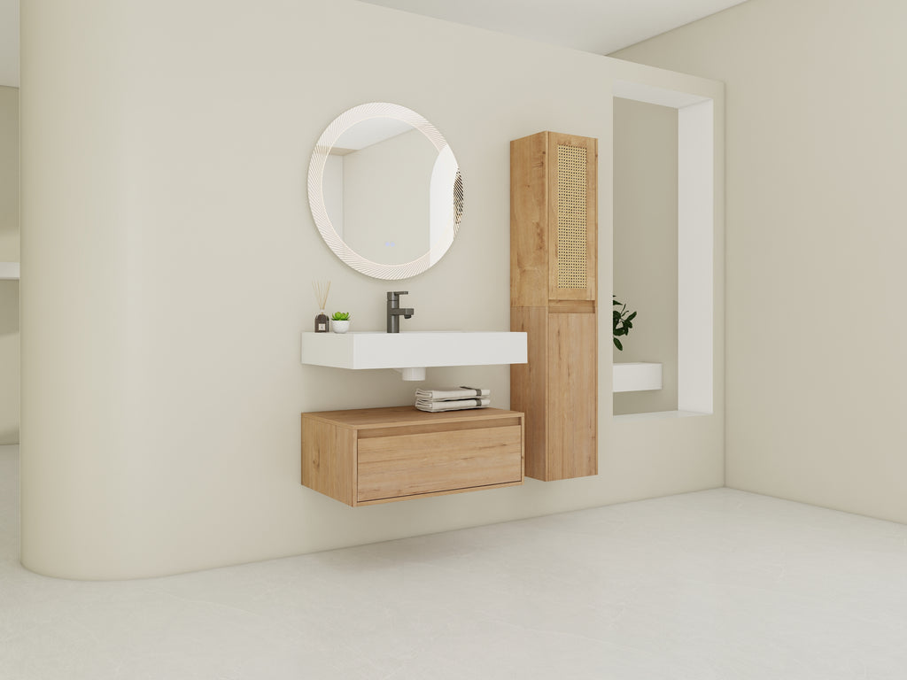 30 inch Wall-Mounted Bathroom Vanity with Resin Sink and Side Cabinet,Soft Close Drawer (KD-Packing), 09430IMO-30M-SC00112-SC00512 Combination Cabinet