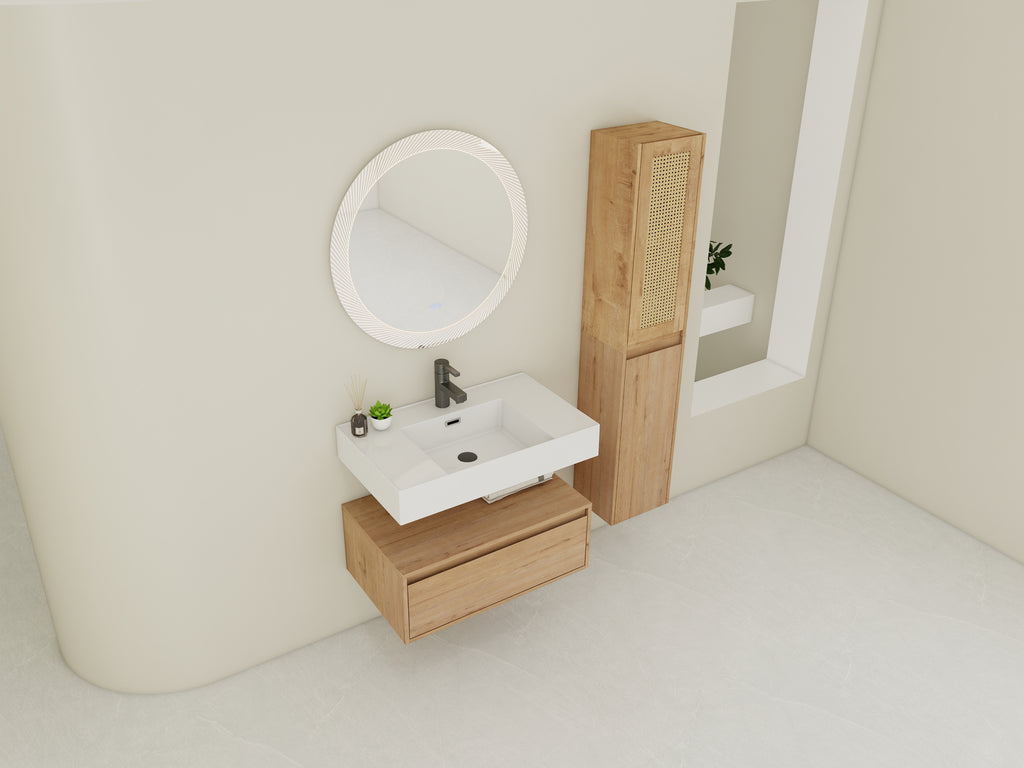 30 inch Wall-Mounted Bathroom Vanity with Resin Sink and Side Cabinet,Soft Close Drawer (KD-Packing), 09430IMO-30M-SC00112-SC00512 Combination Cabinet