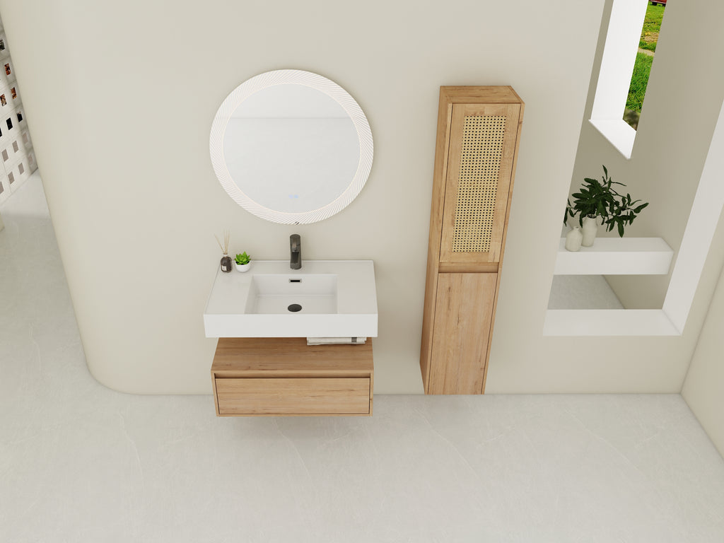 30 inch Wall-Mounted Bathroom Vanity with Resin Sink and Side Cabinet,Soft Close Drawer (KD-Packing), 09430IMO-30M-SC00112-SC00512 Combination Cabinet