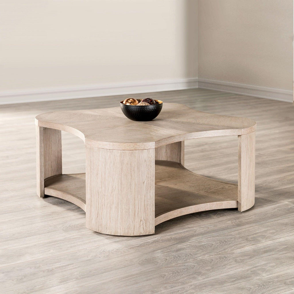 Modern Oak Finish Coffee Table with Storage and Casters.