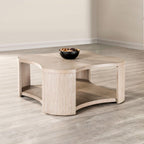 Modern Oak Finish Coffee Table with Storage and Casters.
