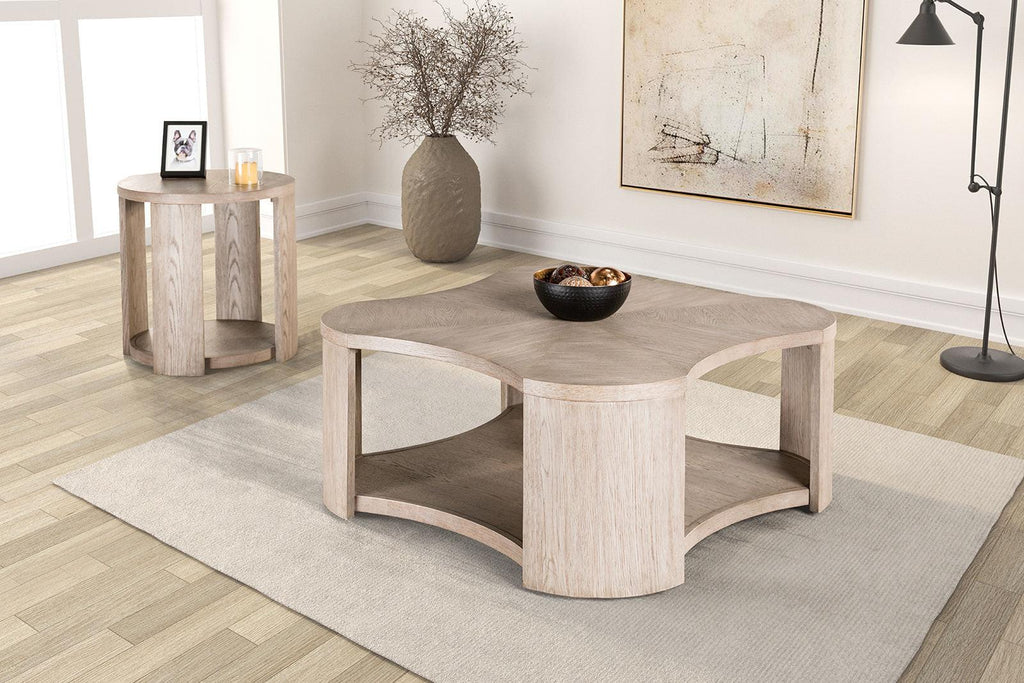 Modern Oak Finish Coffee Table with Storage and Casters.