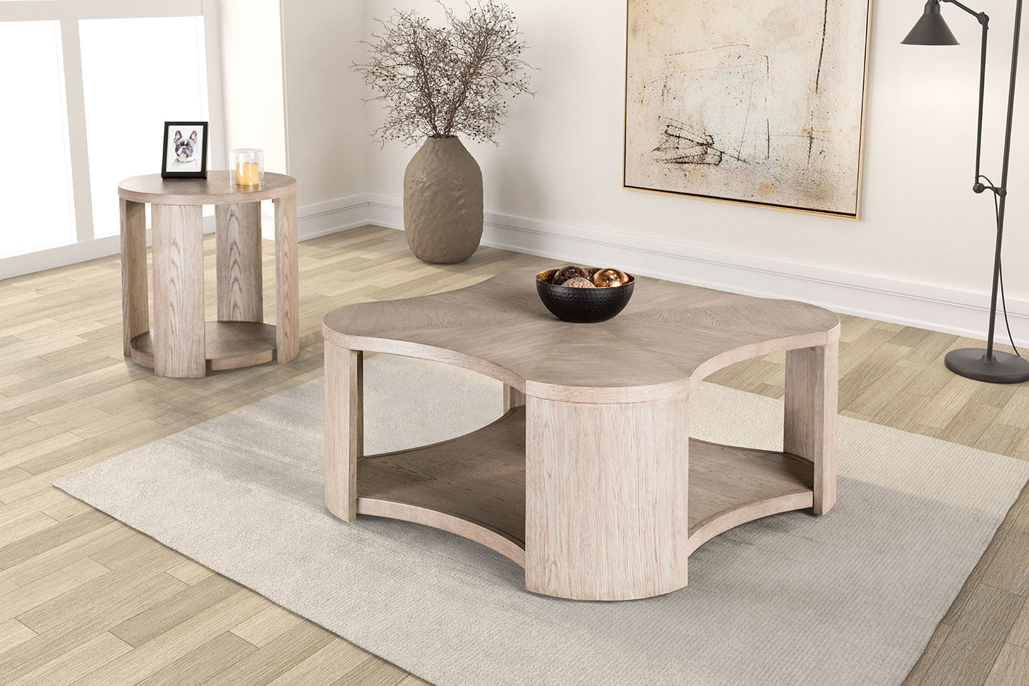 1pc Coffee Table Modern Style With Open storage Attached Casters Rubberwood Structure Oak Finish
