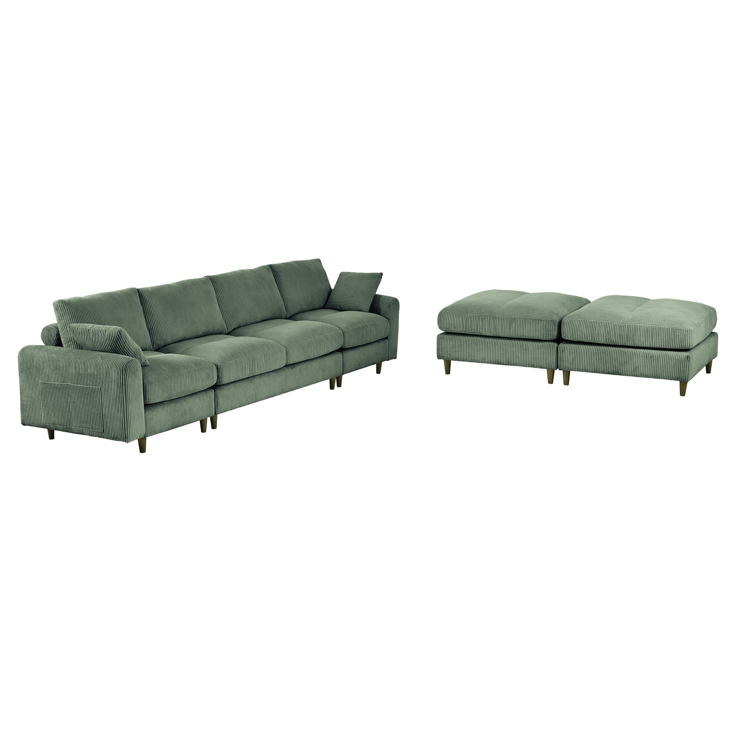 Modern corduroy modular section sofa, U-shaped convertible L-shaped sofa set with pillow, oversized sectional sofa with footstool, suitable for living room, attic, apartment, Olive Green 6 seat