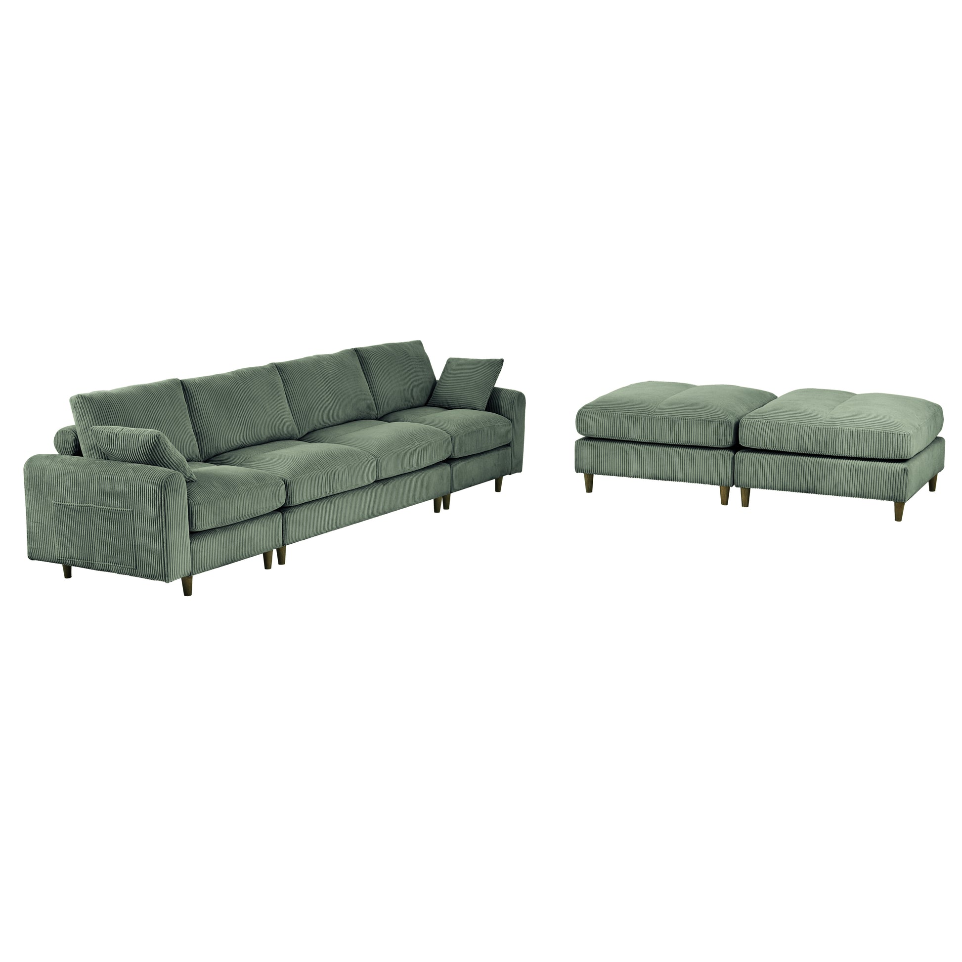 Modern corduroy modular section sofa, U-shaped convertible L-shaped sofa set with pillow, oversized sectional sofa with footstool, suitable for living room, attic, apartment, Olive Green 6 seat