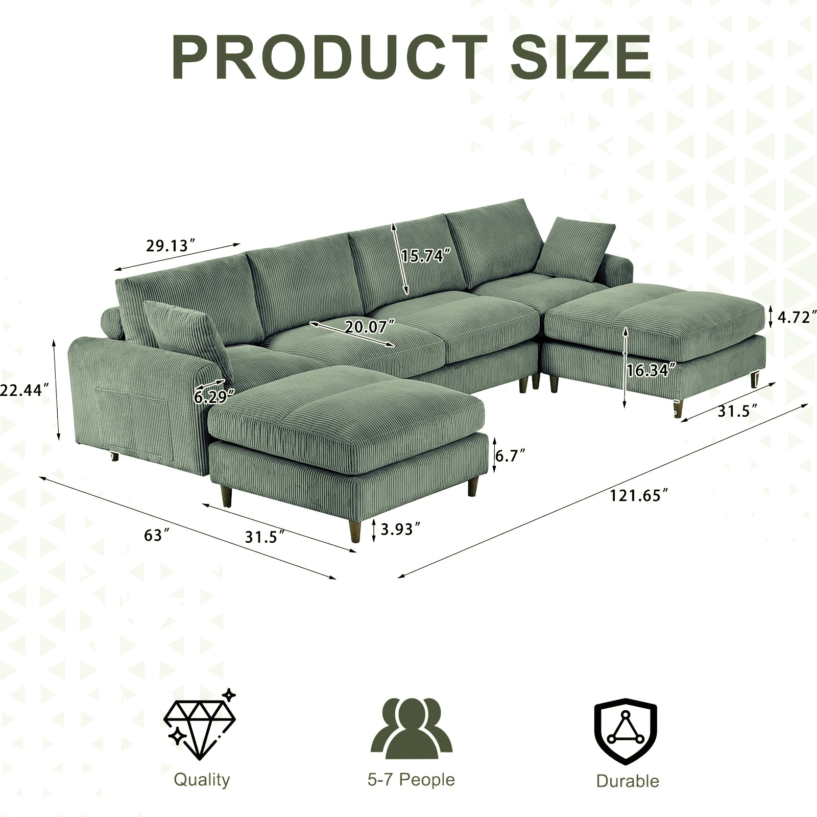 Modern corduroy modular section sofa, U-shaped convertible L-shaped sofa set with pillow, oversized sectional sofa with footstool, suitable for living room, attic, apartment, Olive Green 6 seat