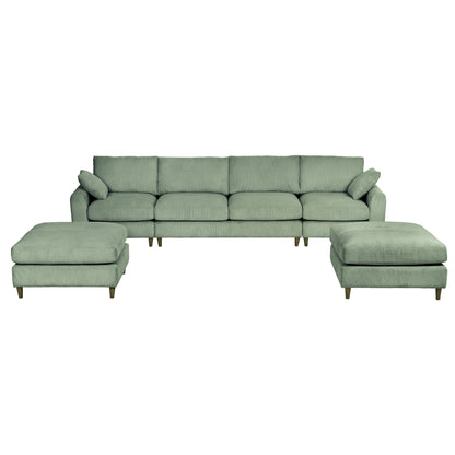 Modern corduroy modular section sofa, U-shaped convertible L-shaped sofa set with pillow, oversized sectional sofa with footstool, suitable for living room, attic, apartment, Olive Green 6 seat