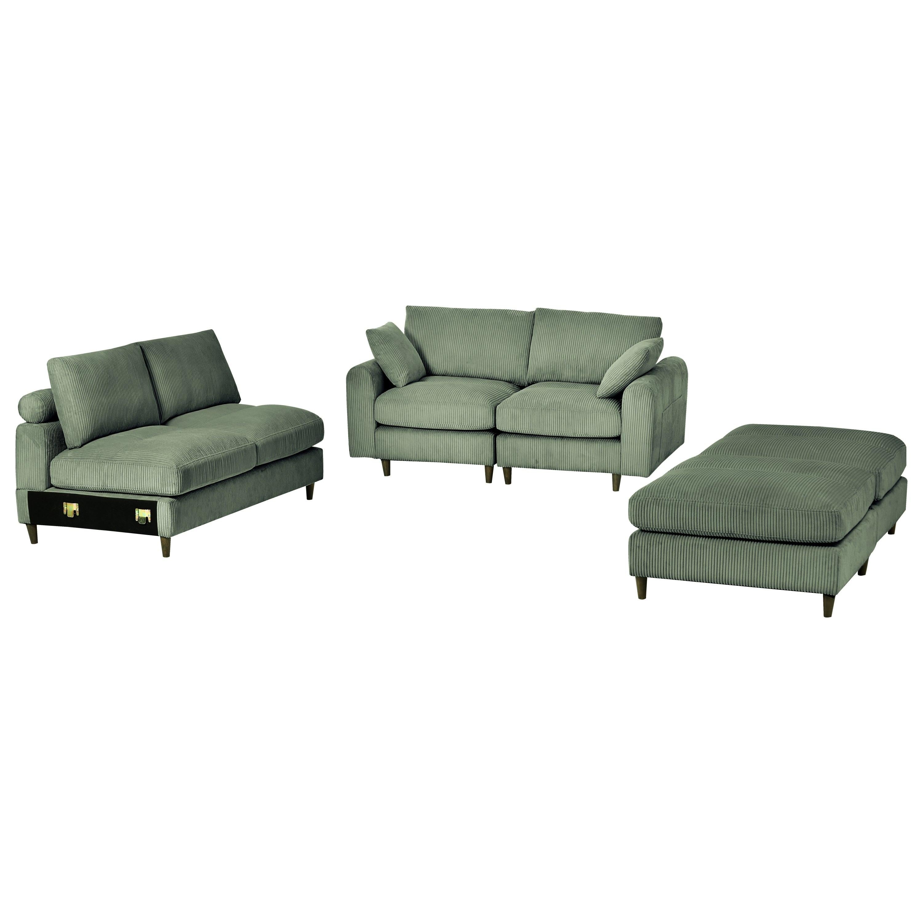Modern corduroy modular section sofa, U-shaped convertible L-shaped sofa set with pillow, oversized sectional sofa with footstool, suitable for living room, attic, apartment, Olive Green 6 seat