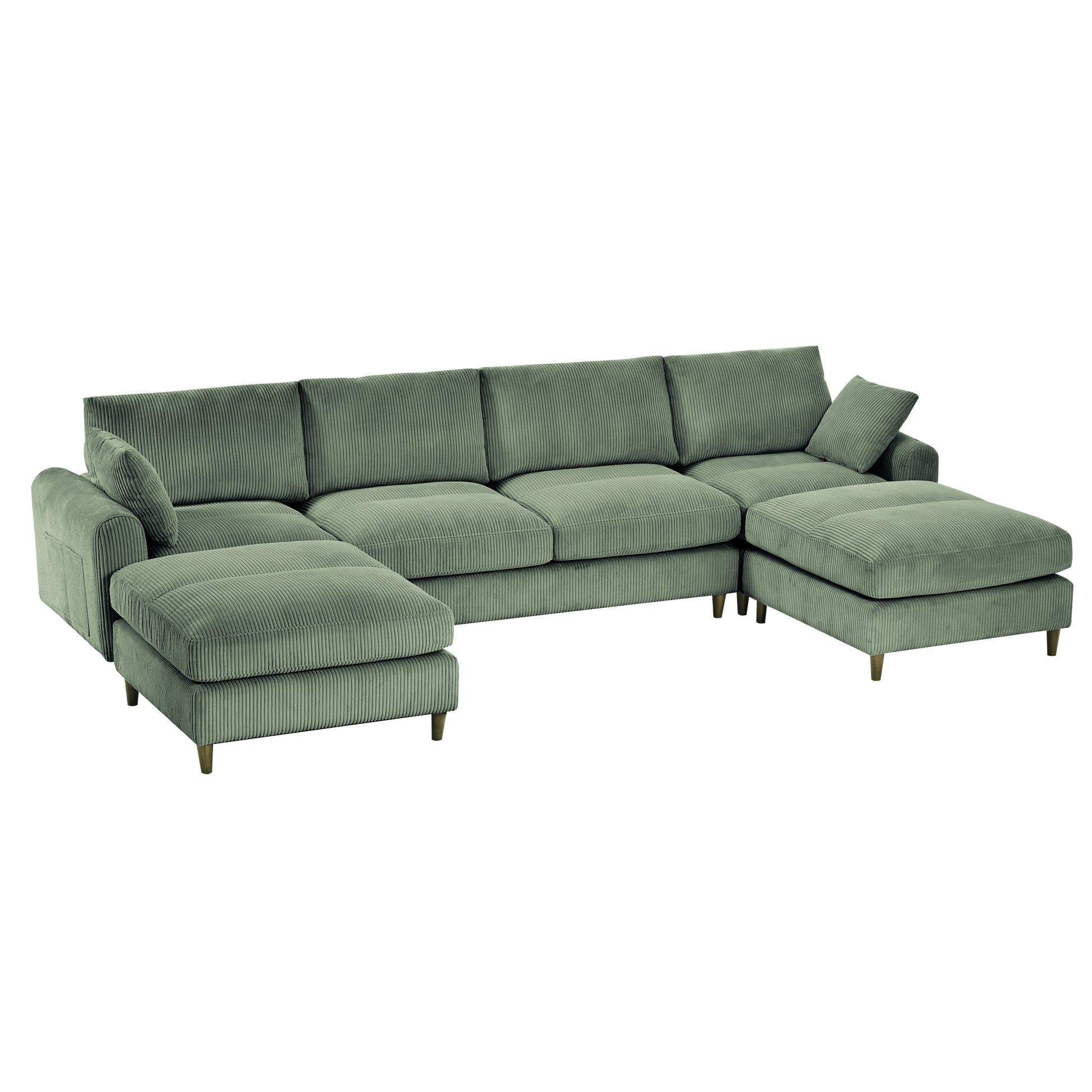Modern corduroy modular section sofa, U-shaped convertible L-shaped sofa set with pillow, oversized sectional sofa with footstool, suitable for living room, attic, apartment, Olive Green 6 seat