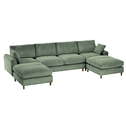 Modern corduroy modular section sofa, U-shaped convertible L-shaped sofa set with pillow, oversized sectional sofa with footstool, suitable for living room, attic, apartment, Olive Green 6 seat