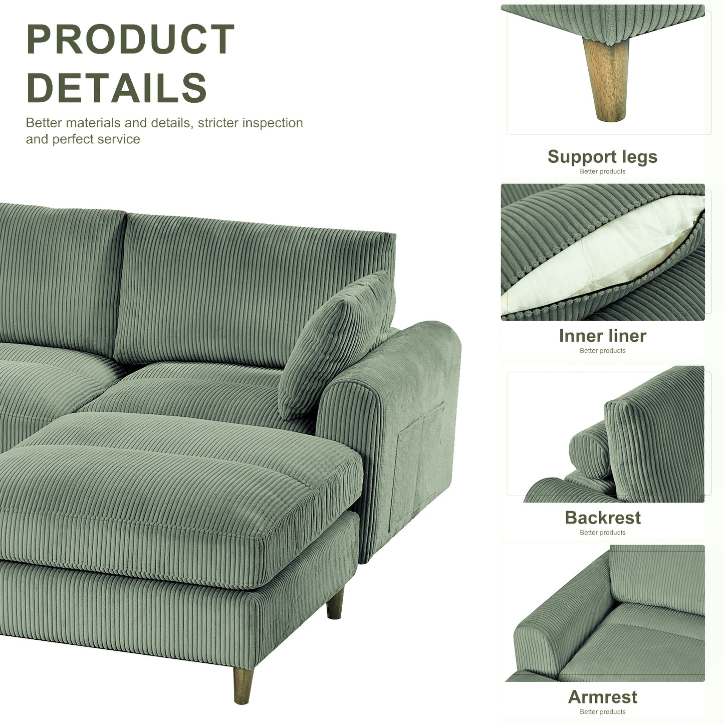 Modern corduroy modular section sofa, U-shaped convertible L-shaped sofa set with pillow, oversized sectional sofa with footstool, suitable for living room, attic, apartment, Olive Green 6 seat