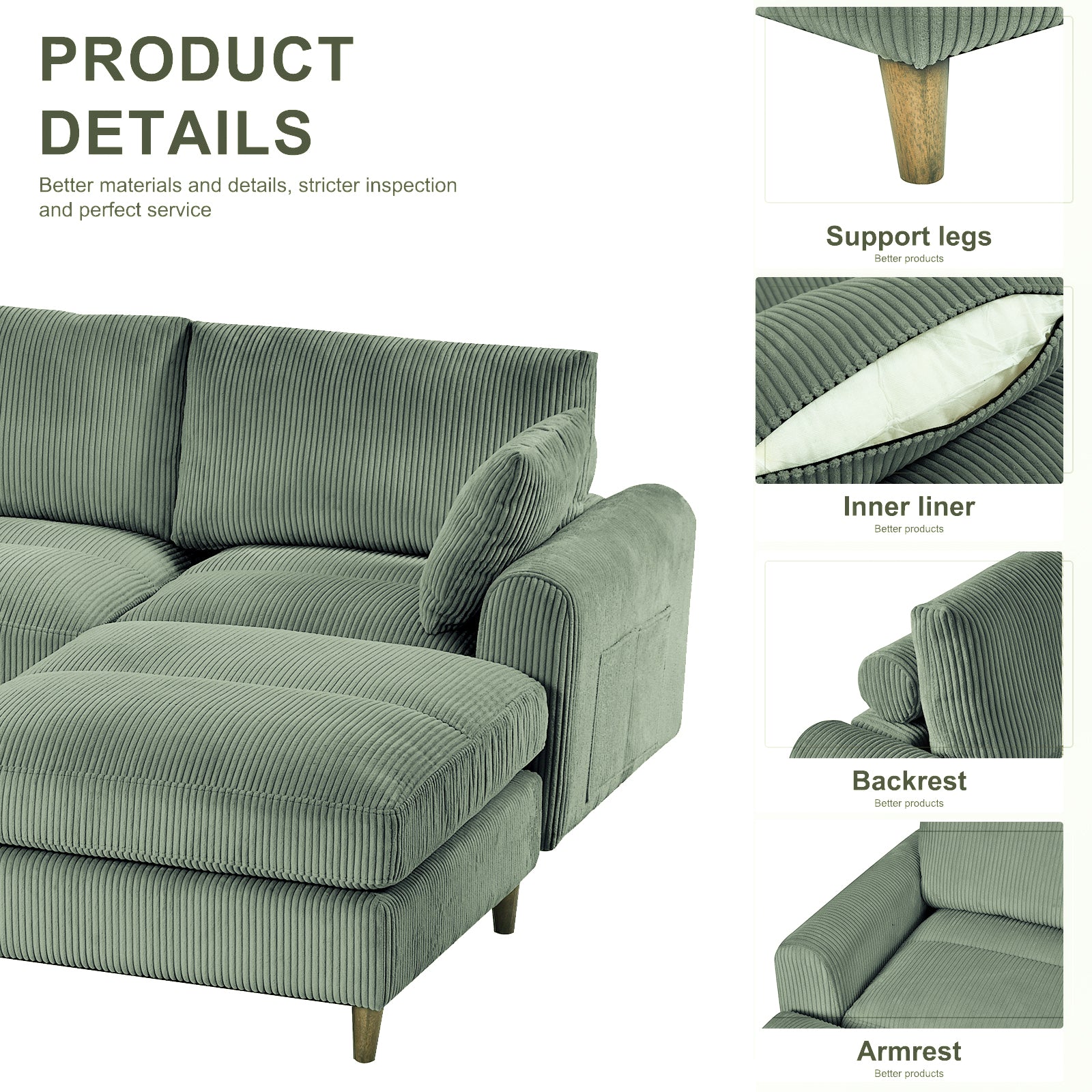 Modern corduroy modular section sofa, U-shaped convertible L-shaped sofa set with pillow, oversized sectional sofa with footstool, suitable for living room, attic, apartment, Olive Green 6 seat