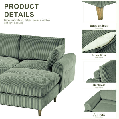 Modern corduroy modular section sofa, U-shaped convertible L-shaped sofa set with pillow, oversized sectional sofa with footstool, suitable for living room, attic, apartment, Olive Green 6 seat