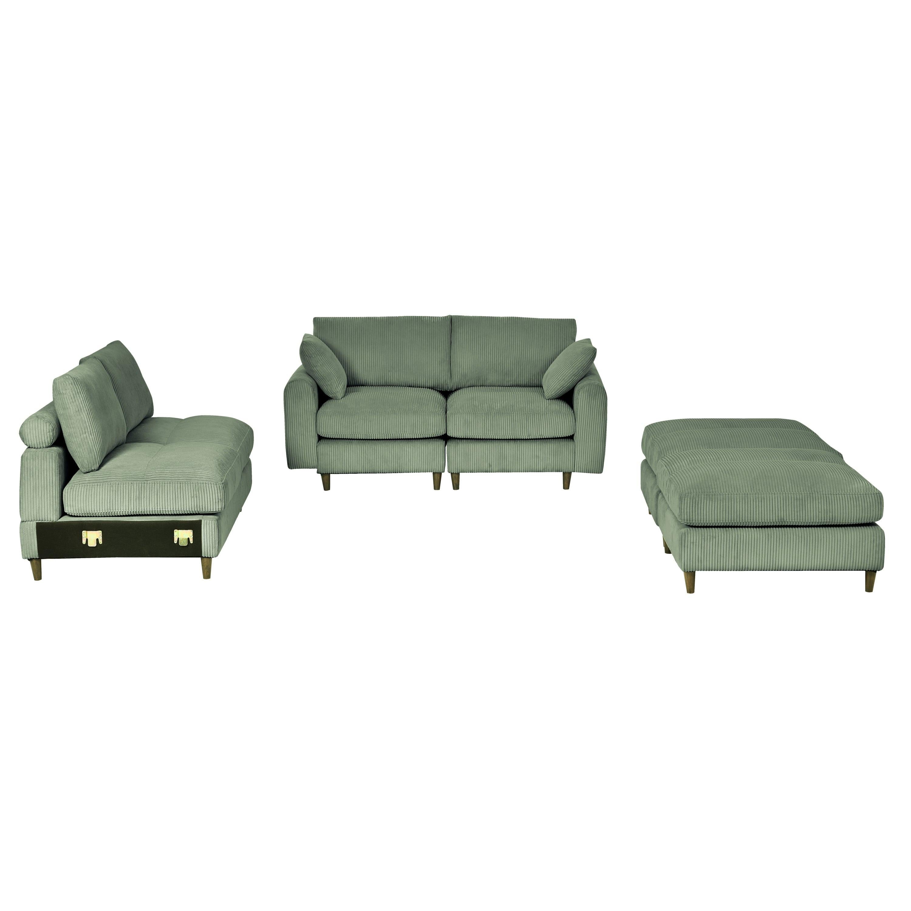 Modern corduroy modular section sofa, U-shaped convertible L-shaped sofa set with pillow, oversized sectional sofa with footstool, suitable for living room, attic, apartment, Olive Green 6 seat