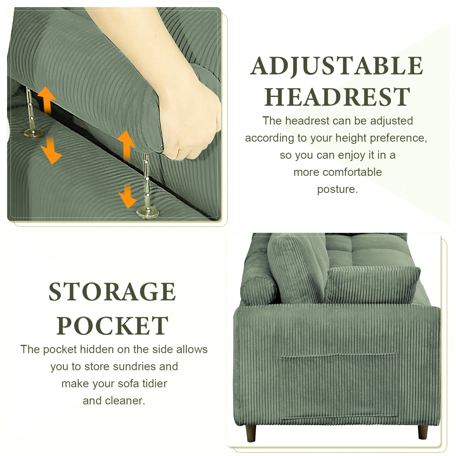 Modern corduroy modular section sofa, U-shaped convertible L-shaped sofa set with pillow, oversized sectional sofa with footstool, suitable for living room, attic, apartment, Olive Green 6 seat