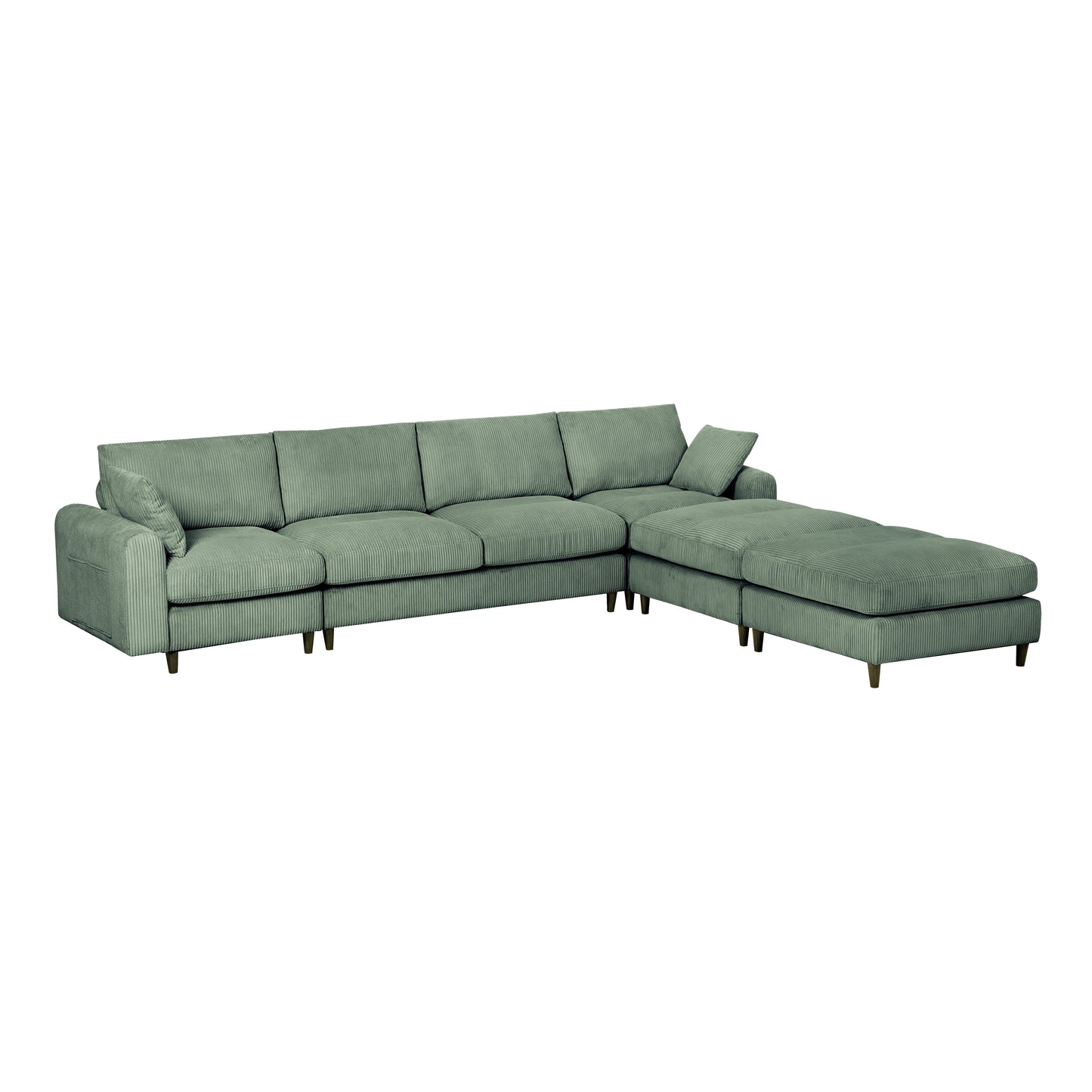 Modern corduroy modular section sofa, U-shaped convertible L-shaped sofa set with pillow, oversized sectional sofa with footstool, suitable for living room, attic, apartment, Olive Green 6 seat