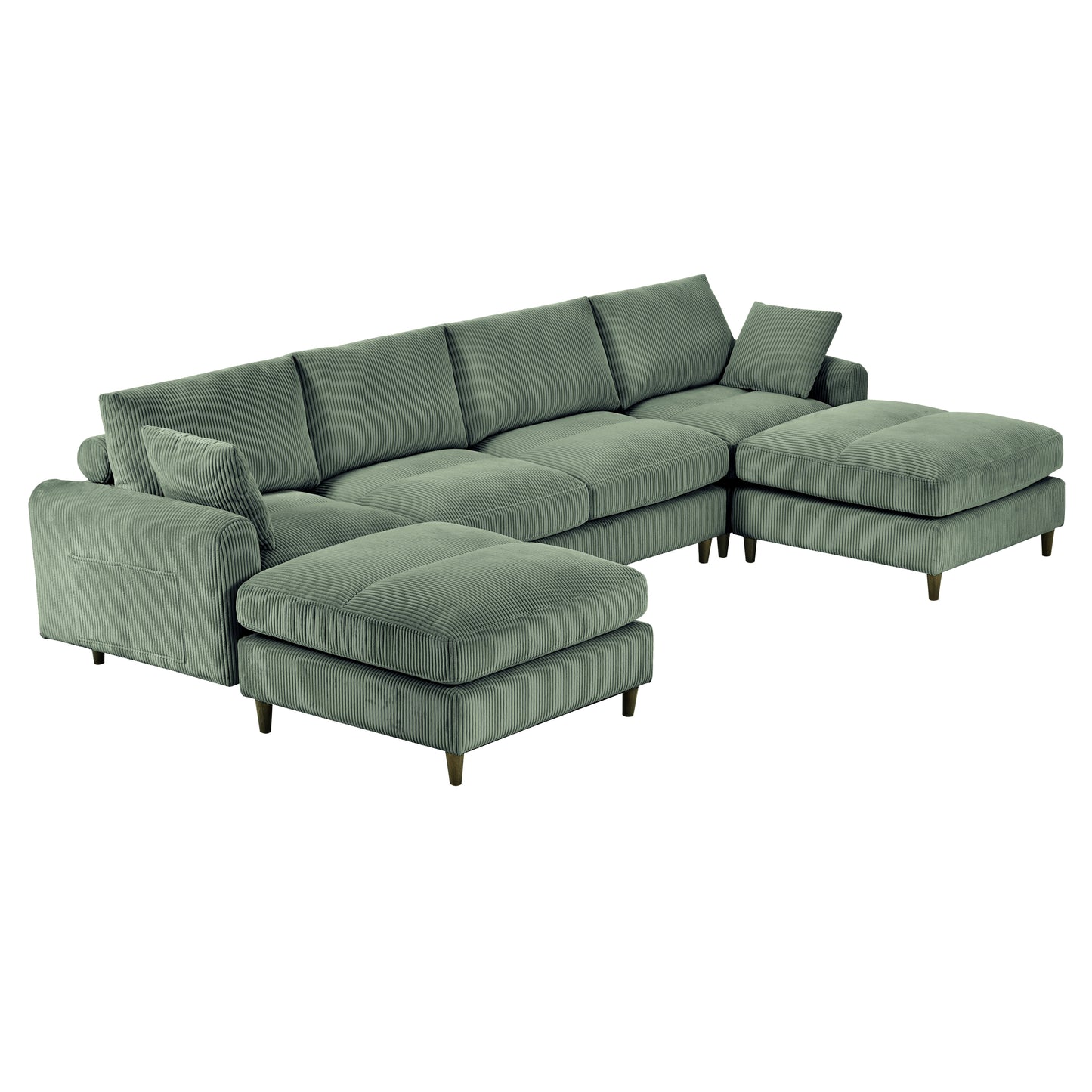 Modern corduroy modular section sofa, U-shaped convertible L-shaped sofa set with pillow, oversized sectional sofa with footstool, suitable for living room, attic, apartment, Olive Green 6 seat