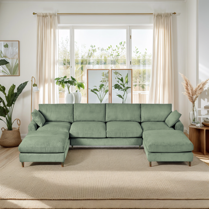 Modern corduroy modular section sofa, U-shaped convertible L-shaped sofa set with pillow, oversized sectional sofa with footstool, suitable for living room, attic, apartment, Olive Green 6 seat