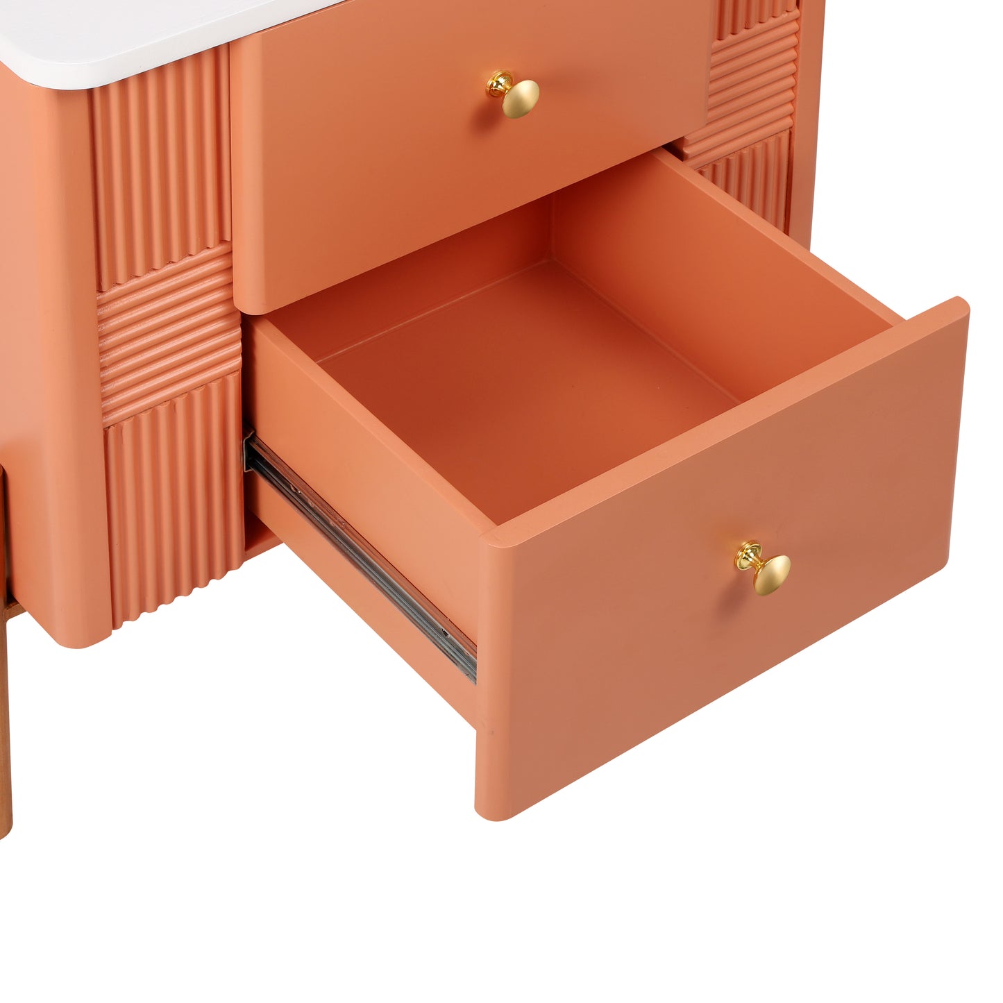 Modern Nightstand with 2 Storage Drawer, Fluted Bedside Table with Golden Metal Handles and Legs, End Table for Living Room and Bedroom, Easy Assembly, Orange