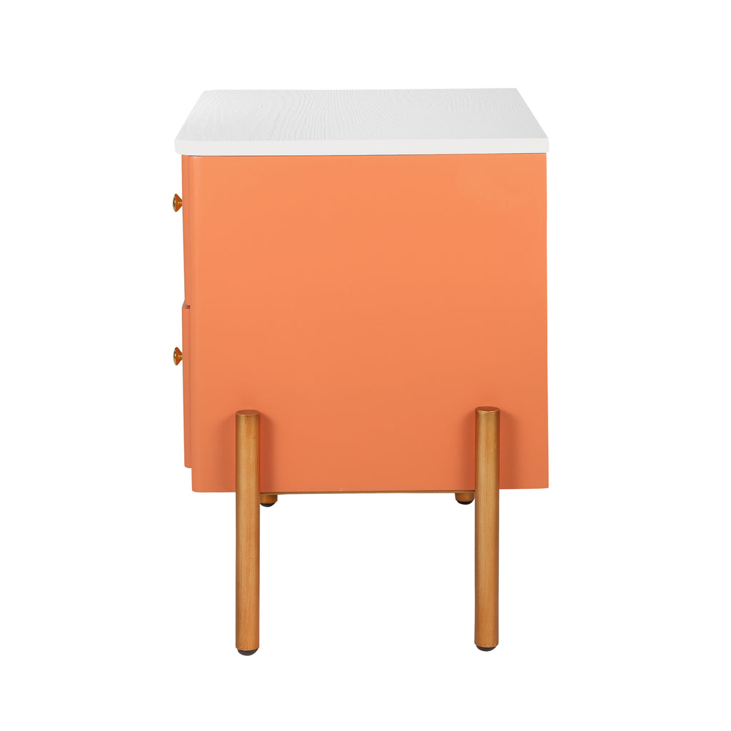 Modern Nightstand with 2 Storage Drawer, Fluted Bedside Table with Golden Metal Handles and Legs, End Table for Living Room and Bedroom, Easy Assembly, Orange