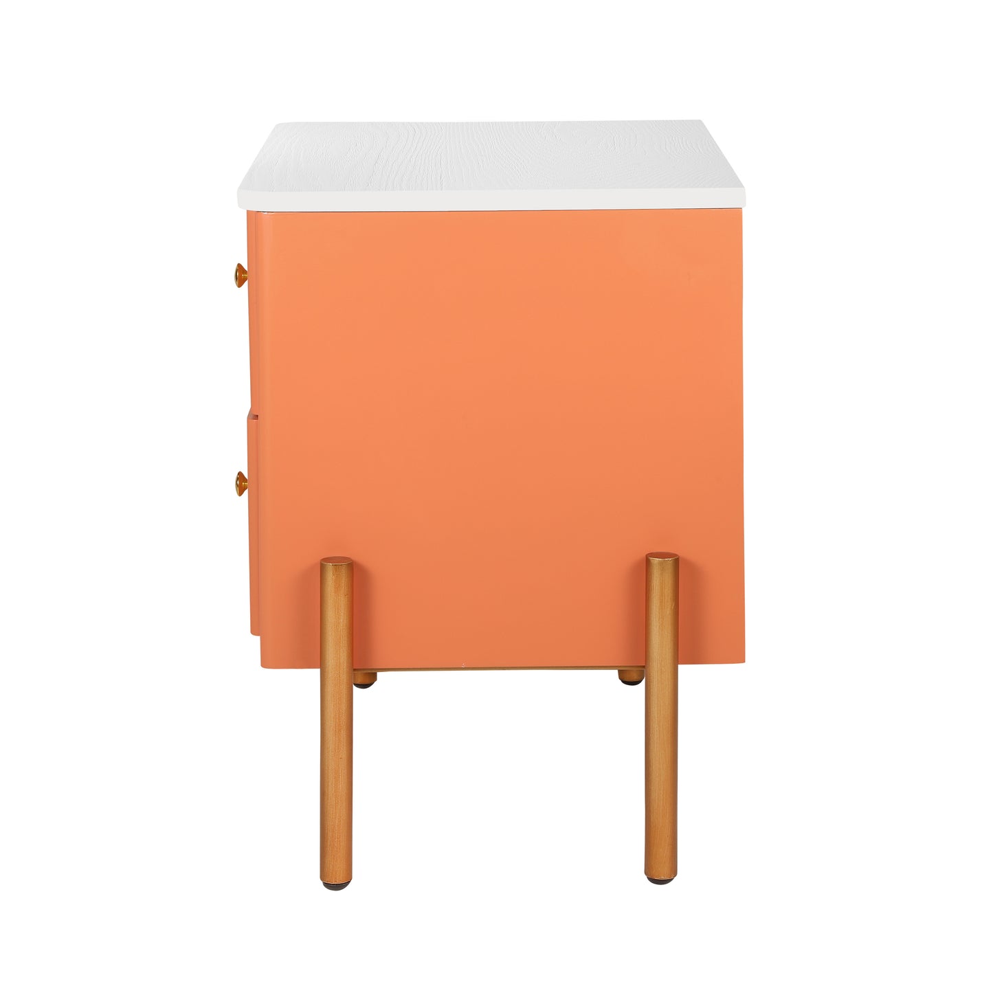 Modern Nightstand with 2 Storage Drawer, Fluted Bedside Table with Golden Metal Handles and Legs, End Table for Living Room and Bedroom, Easy Assembly, Orange