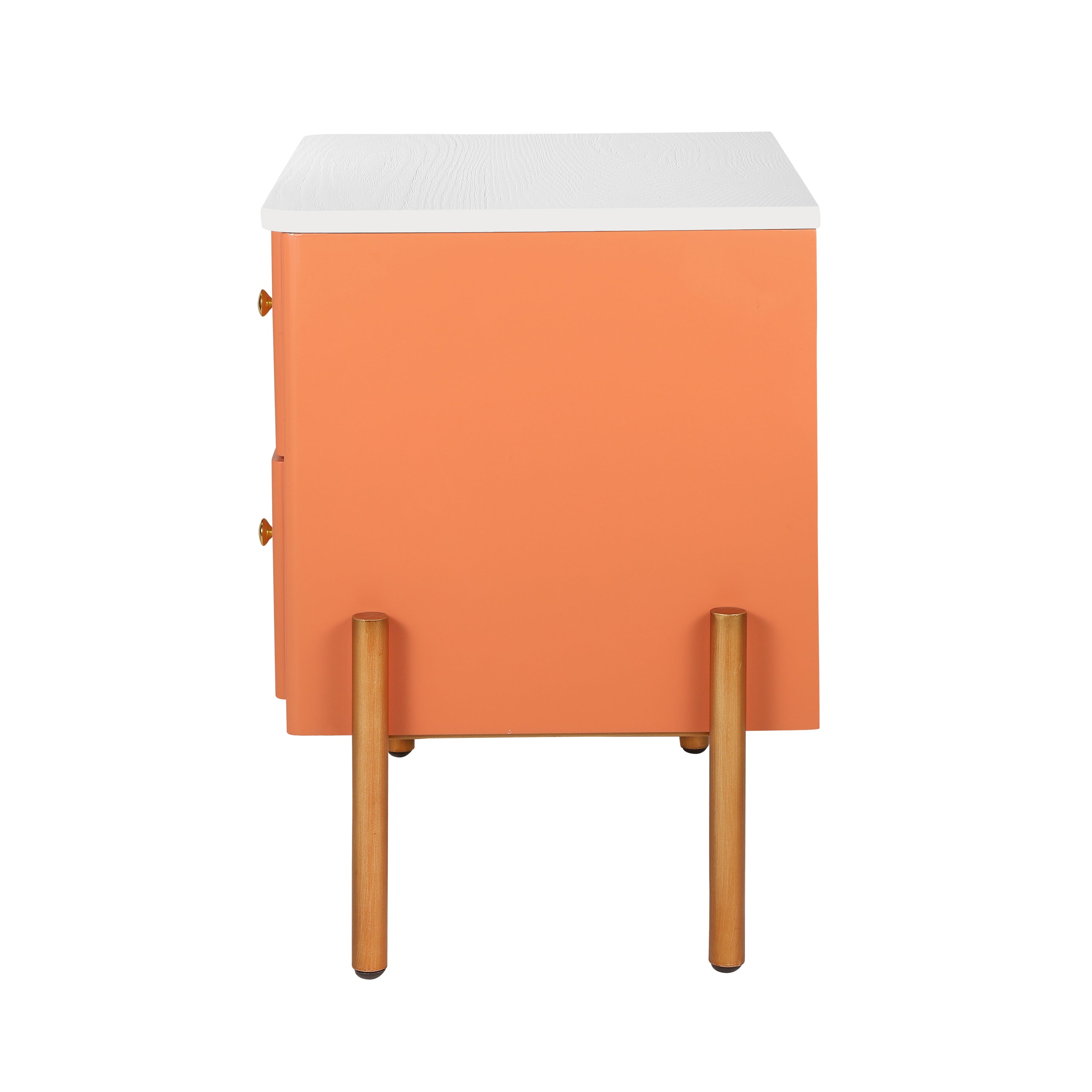 Modern Nightstand with 2 Storage Drawer, Fluted Bedside Table with Golden Metal Handles and Legs, End Table for Living Room and Bedroom, Easy Assembly, Orange