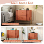 Modern Nightstand with 2 Storage Drawer, Fluted Bedside Table with Golden Metal Handles and Legs, End Table for Living Room and Bedroom, Easy Assembly, Orange
