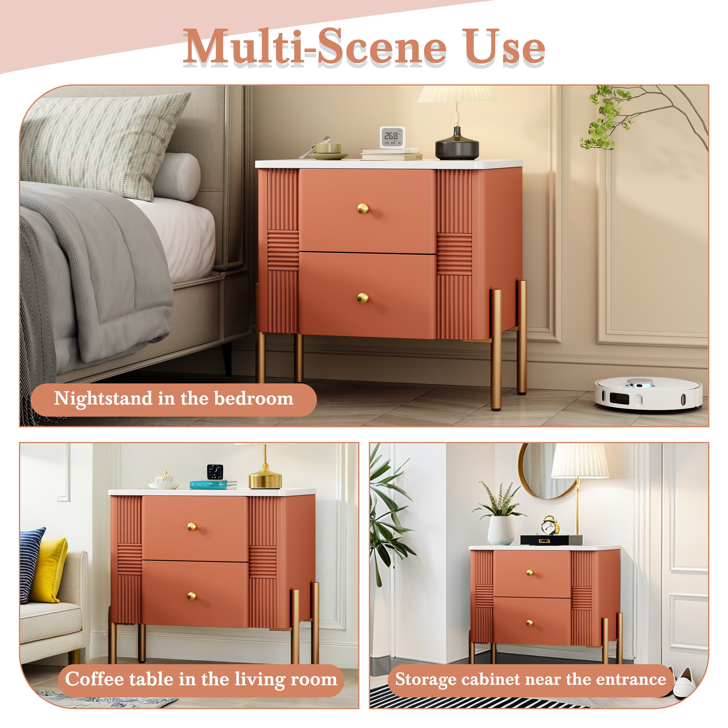 Modern Nightstand with 2 Storage Drawer, Fluted Bedside Table with Golden Metal Handles and Legs, End Table for Living Room and Bedroom, Easy Assembly, Orange