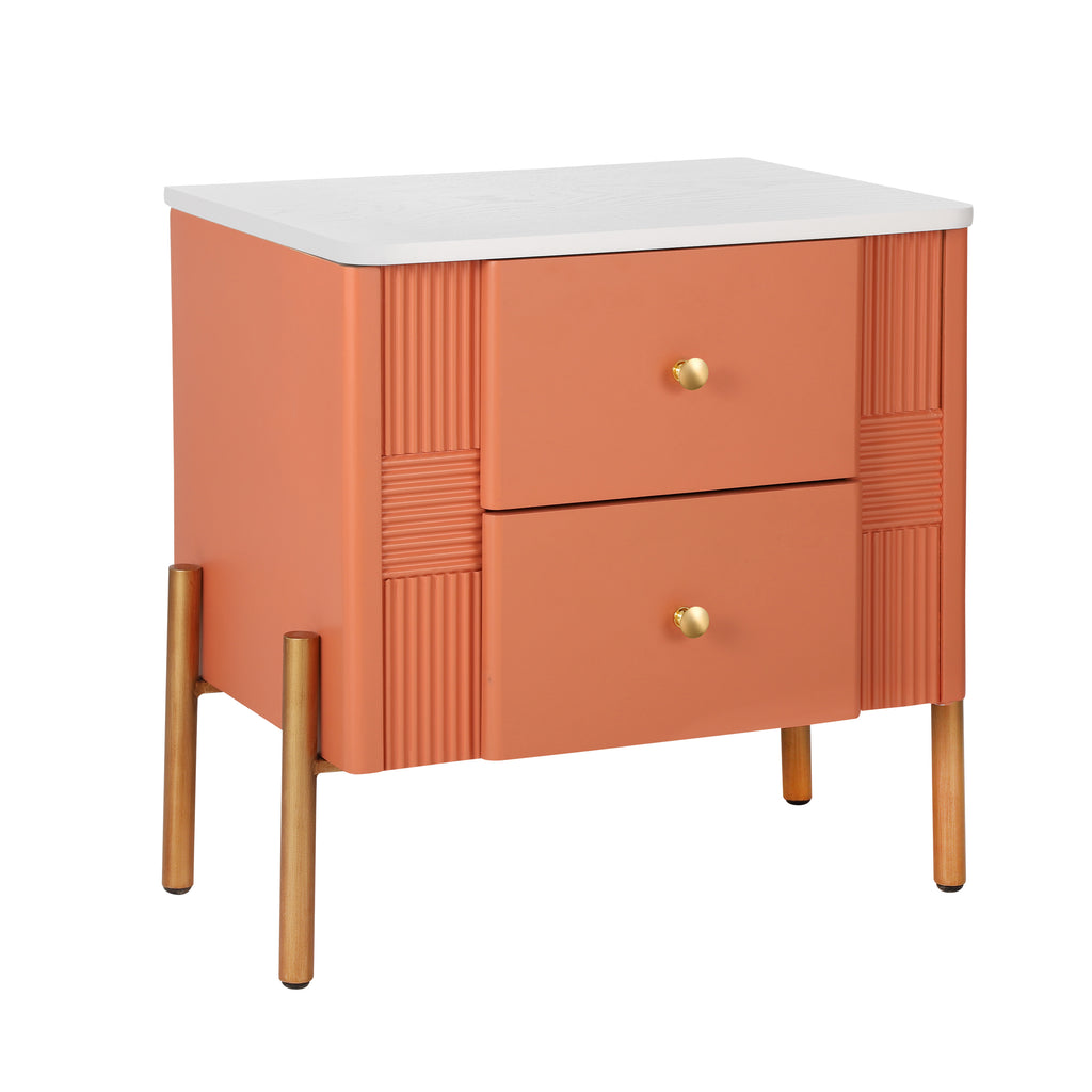 Modern Nightstand with 2 Storage Drawer, Fluted Bedside Table with Golden Metal Handles and Legs, End Table for Living Room and Bedroom, Easy Assembly, Orange