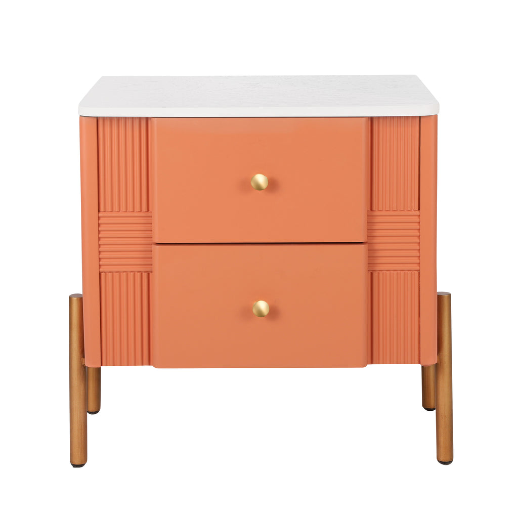 Modern Nightstand with 2 Storage Drawer, Fluted Bedside Table with Golden Metal Handles and Legs, End Table for Living Room and Bedroom, Easy Assembly, Orange