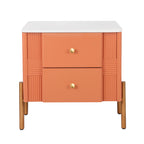 Modern Nightstand with 2 Storage Drawer, Fluted Bedside Table with Golden Metal Handles and Legs, End Table for Living Room and Bedroom, Easy Assembly, Orange