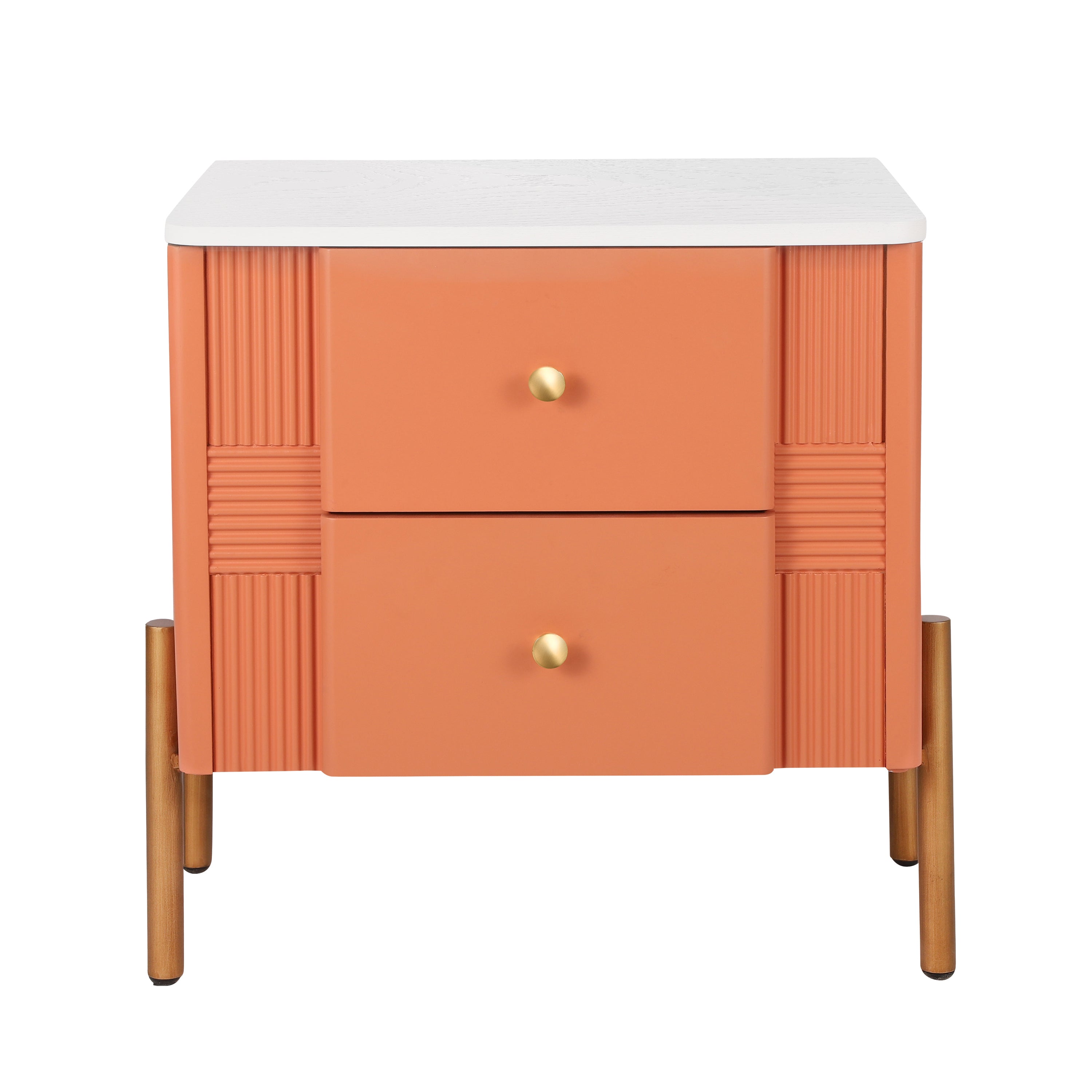 Modern Nightstand with 2 Storage Drawer, Fluted Bedside Table with Golden Metal Handles and Legs, End Table for Living Room and Bedroom, Easy Assembly, Orange
