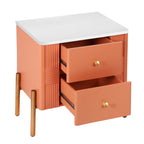 Modern Nightstand with 2 Storage Drawer, Fluted Bedside Table with Golden Metal Handles and Legs, End Table for Living Room and Bedroom, Easy Assembly, Orange