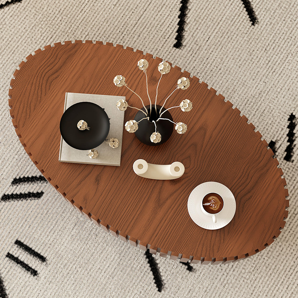 Oval Coffee Table Handcrafted Relief Sturdy Pedestal Wooden Olive-Shaped Tea Table for Living Room