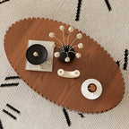 Oval Coffee Table Handcrafted Relief Sturdy Pedestal Wooden Olive-Shaped Tea Table for Living Room