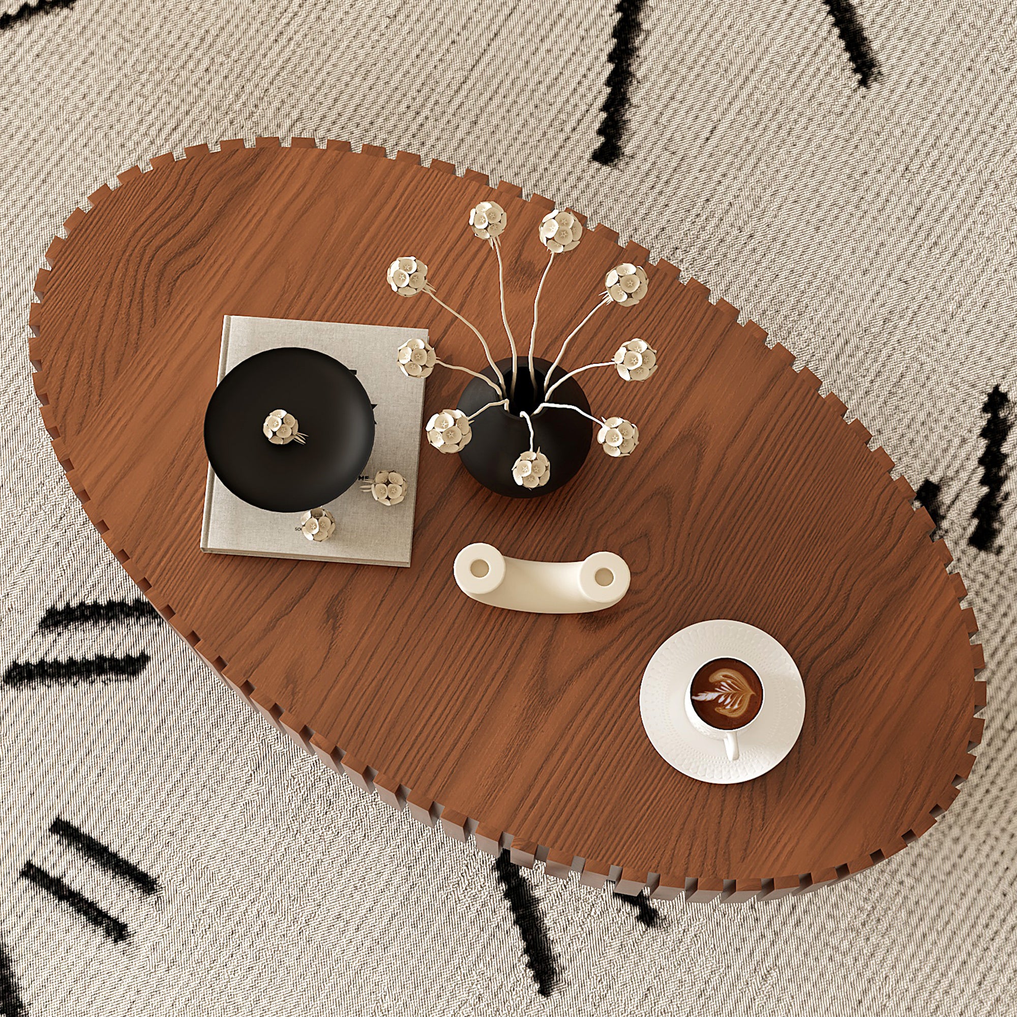 Oval Coffee Table Handcrafted Relief Sturdy Pedestal Wooden Olive-Shaped Tea Table for Living Room