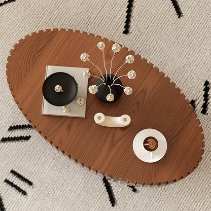 Oval Coffee Table Handcrafted Relief Sturdy Pedestal Wooden Olive-Shaped Tea Table for Living Room