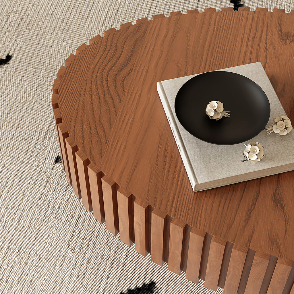 Oval Coffee Table Handcrafted Relief Sturdy Pedestal Wooden Olive-Shaped Tea Table for Living Room