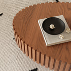 Oval Coffee Table Handcrafted Relief Sturdy Pedestal Wooden Olive-Shaped Tea Table for Living Room