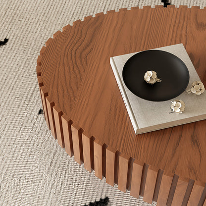 Oval Coffee Table Handcrafted Relief Sturdy Pedestal Wooden Olive-Shaped Tea Table for Living Room