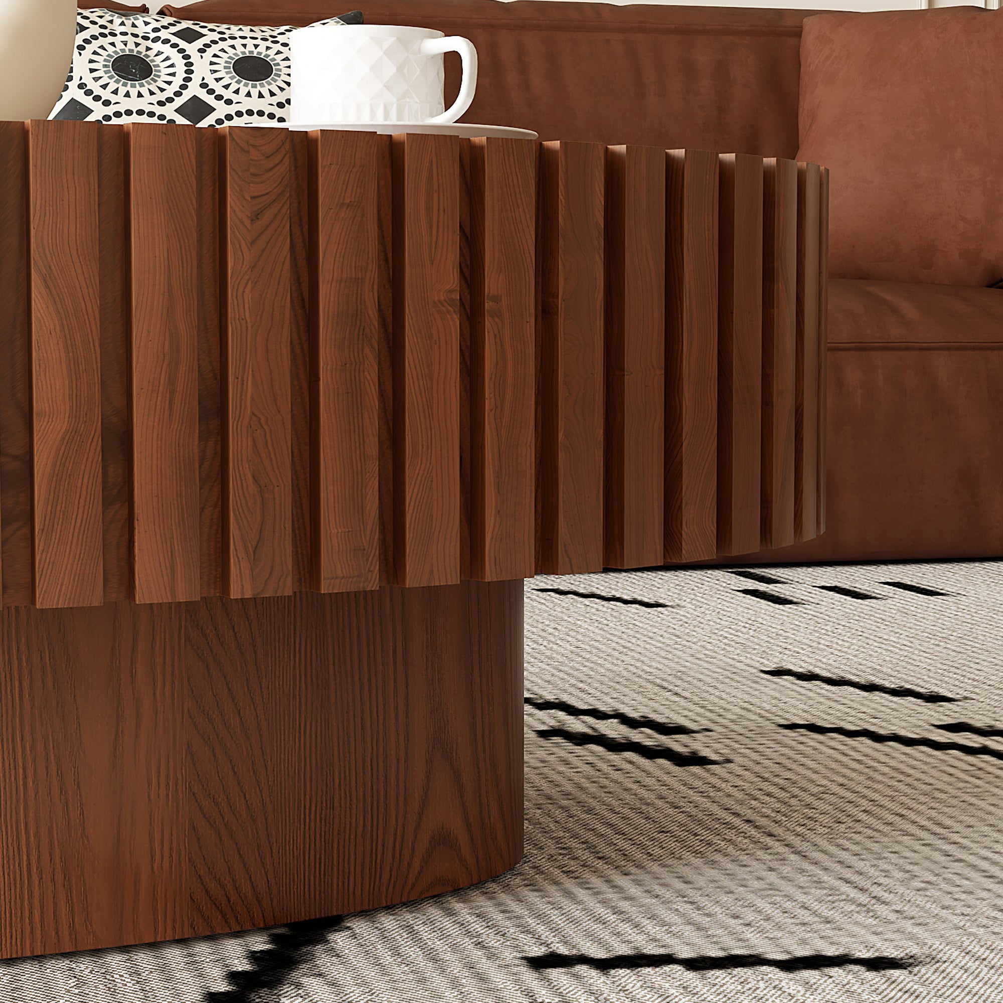 Oval Coffee Table Handcrafted Relief Sturdy Pedestal Wooden Olive-Shaped Tea Table for Living Room