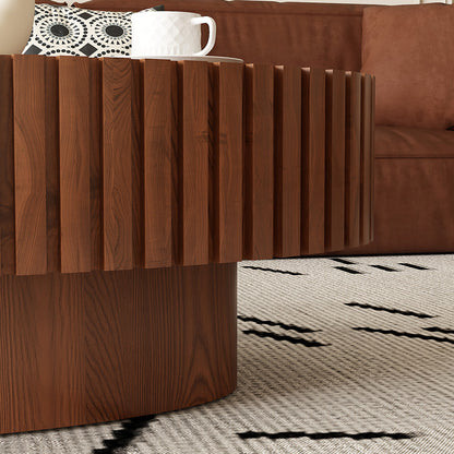 Oval Coffee Table Handcrafted Relief Sturdy Pedestal Wooden Olive-Shaped Tea Table for Living Room