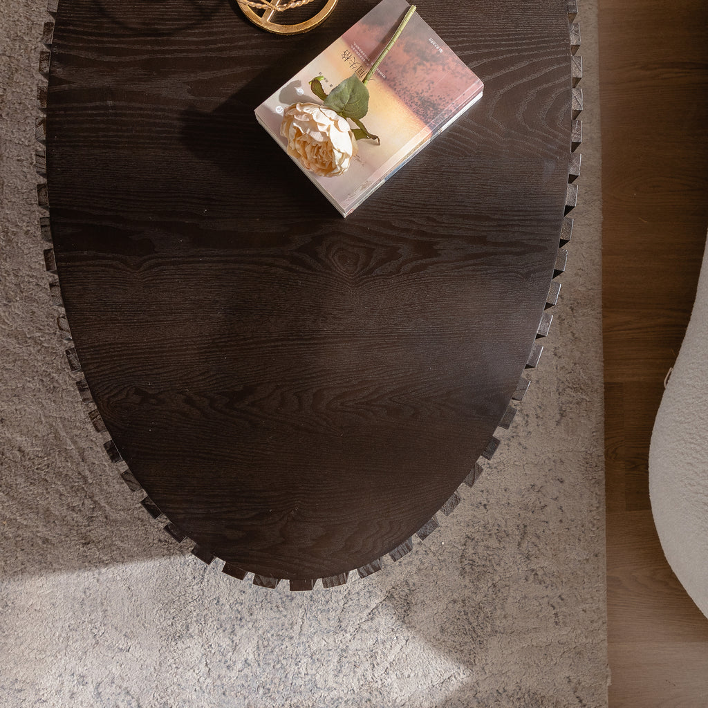 Oval Coffee Table Handcrafted Relief Sturdy Pedestal Wooden Olive-Shaped Tea Table for Living Room