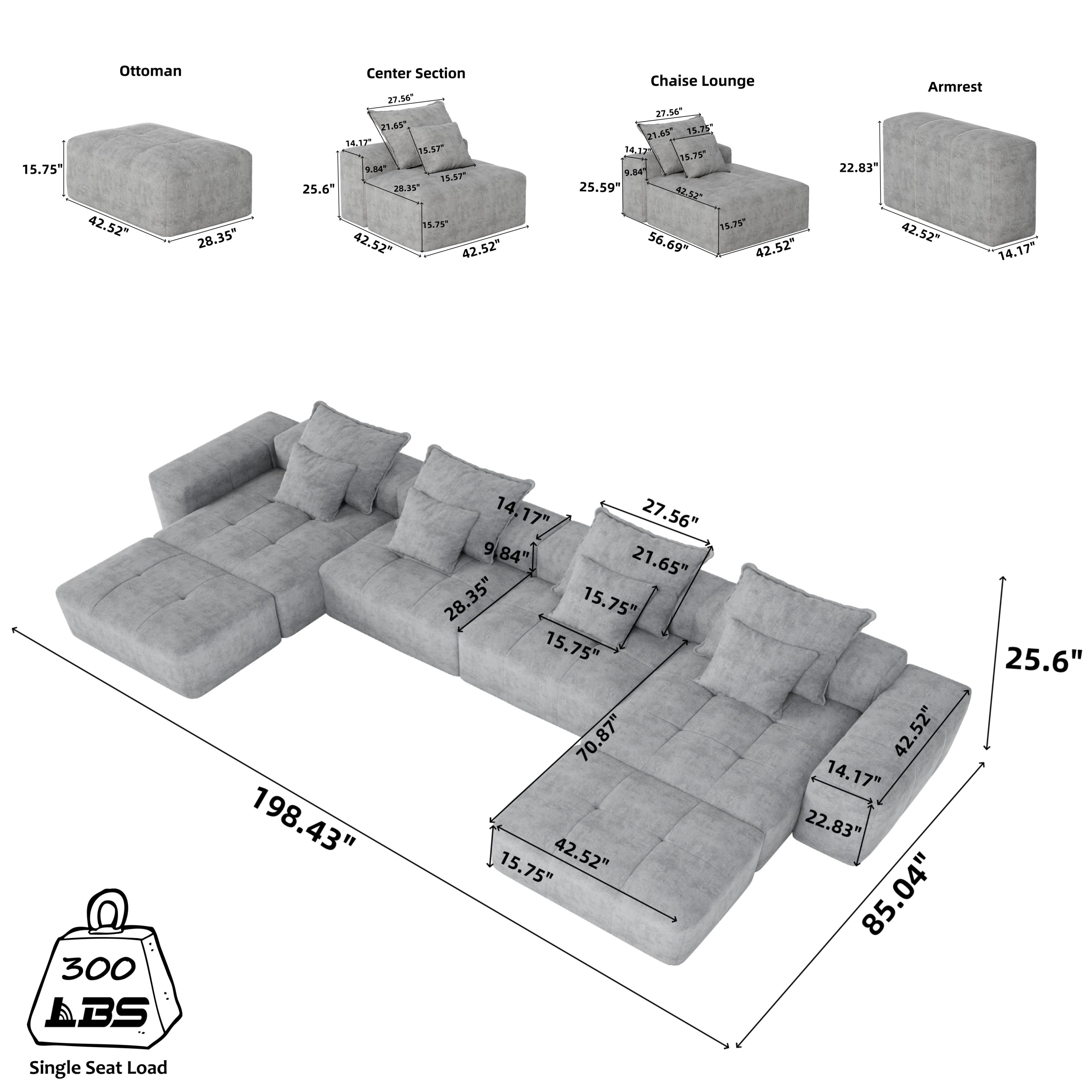 Modern Oversized Modular Sectional Sofa,Sparkling Chenille Fabric Soft Cushion Sofa with 8 Pillows,8 PCS DIY Combination Tufted Sofa,No Assembly Required,BLACK